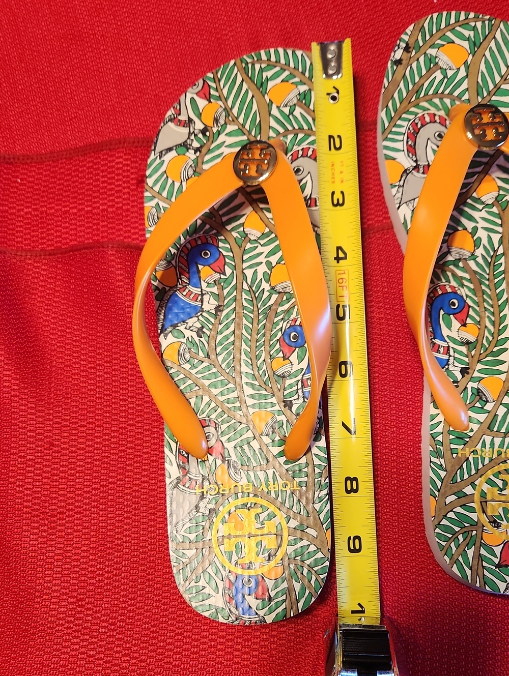 Tory Burch Orange Strap Flip Flop Sandals with Tropical Print - Picture 11 of 11